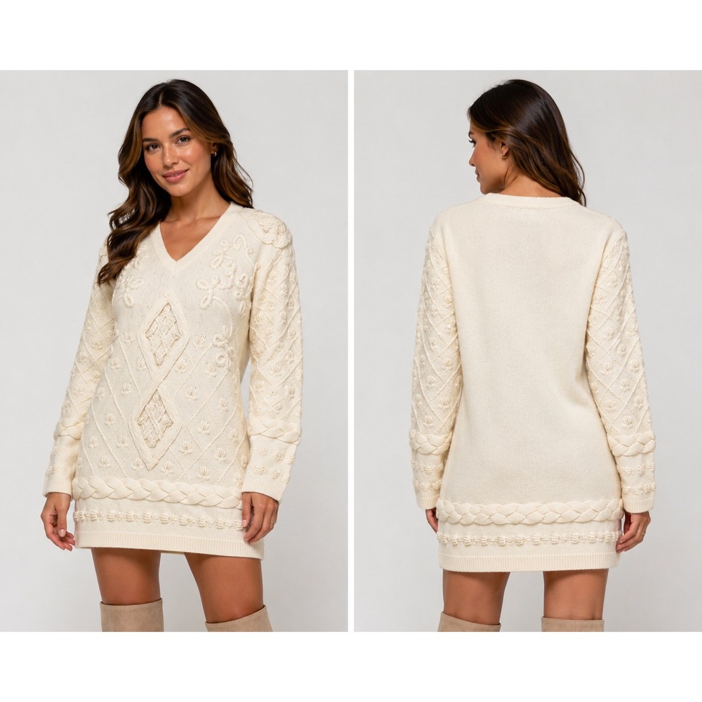 Classiques Entier Ivory Angora Lambswool Beaded Cable Knit Sweater‎ Dress Medium